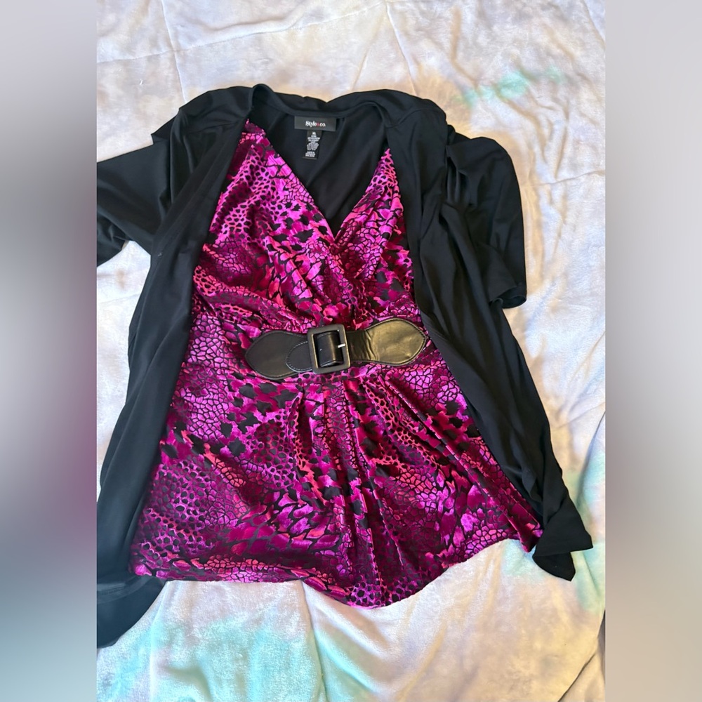 Style & Co. Magenta Snake-Print Surplice Top with Black Cardigan